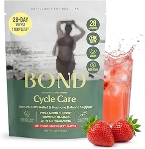 Soins du cycle BOND – Supplément de soutien PMS et équilibre hormonal pour les femmes – Réducteur de cortisol avec Ashwagandha, L-Tryptophane, Magnésium, Extrait de curcuma et Gultathion pour l'humeur et le soulagement du cycle, 28 portions