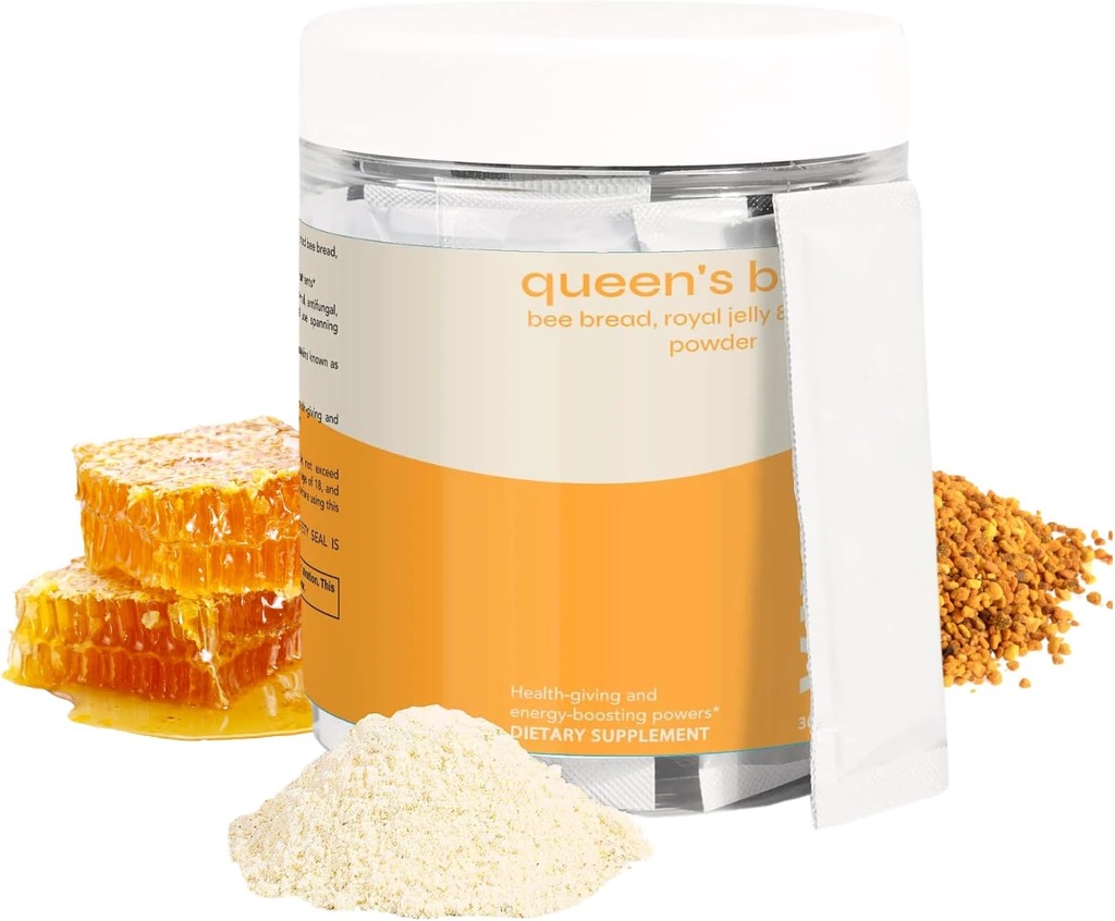 Queen's Boost - Pain d'abeille sans sucre, Royal Jelly & Propolis poudre avec vitamine C - Non-OGM, Immune et soutien énergétique- 30 sachets individuels par paquet, 30 jours d'approvisionnement