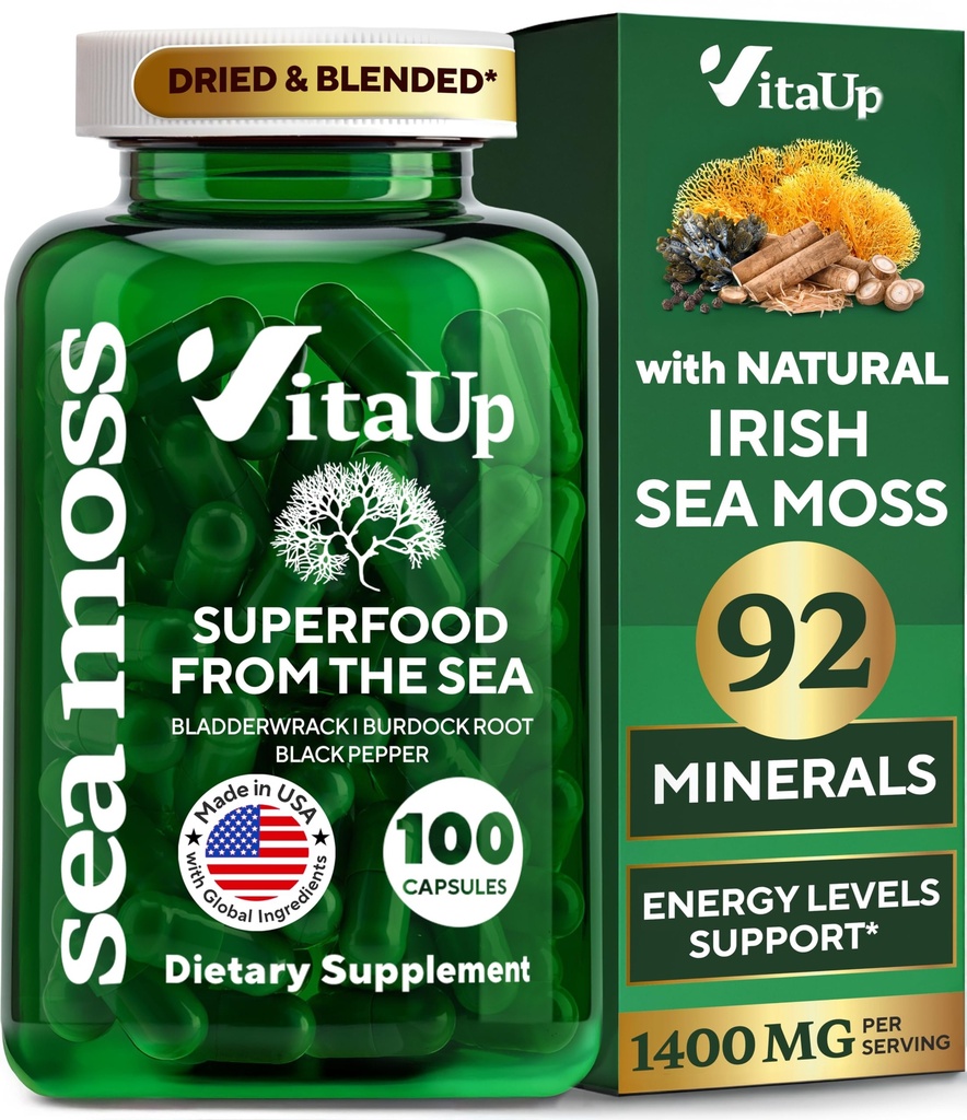 Wildcrafted Irish Sea Moss Capsules with Burdock Root & Bladderwrack - USA Made Sea Moss Advanced for Hair, Skin, Immune & Energy Levels Support - SeaMoss Pills - 100 Capsules Vegan