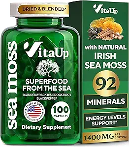 Wildcrafted Irish Sea Moss Capsules with Burdock Root & Bladderwrack - USA Made Sea Moss Advanced for Hair, Skin, Immune & Energy Levels Support - SeaMoss Pills - 100 Capsules Vegan