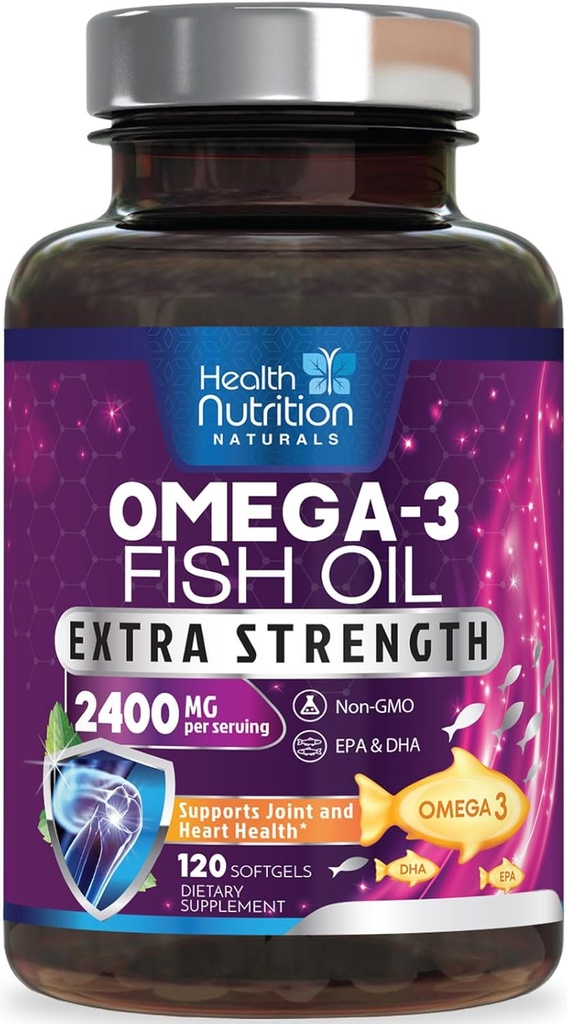 Omega 3 Huile de poisson 2400 mg - Supplément d'acides gras triples Omega3, EPA & DHA - Soutien naturel pour la santé immunitaire, cardiaque et cérébrale - Sauvage pris, non-OGM, arôme de citron, sans Burpless - 120 Softgels