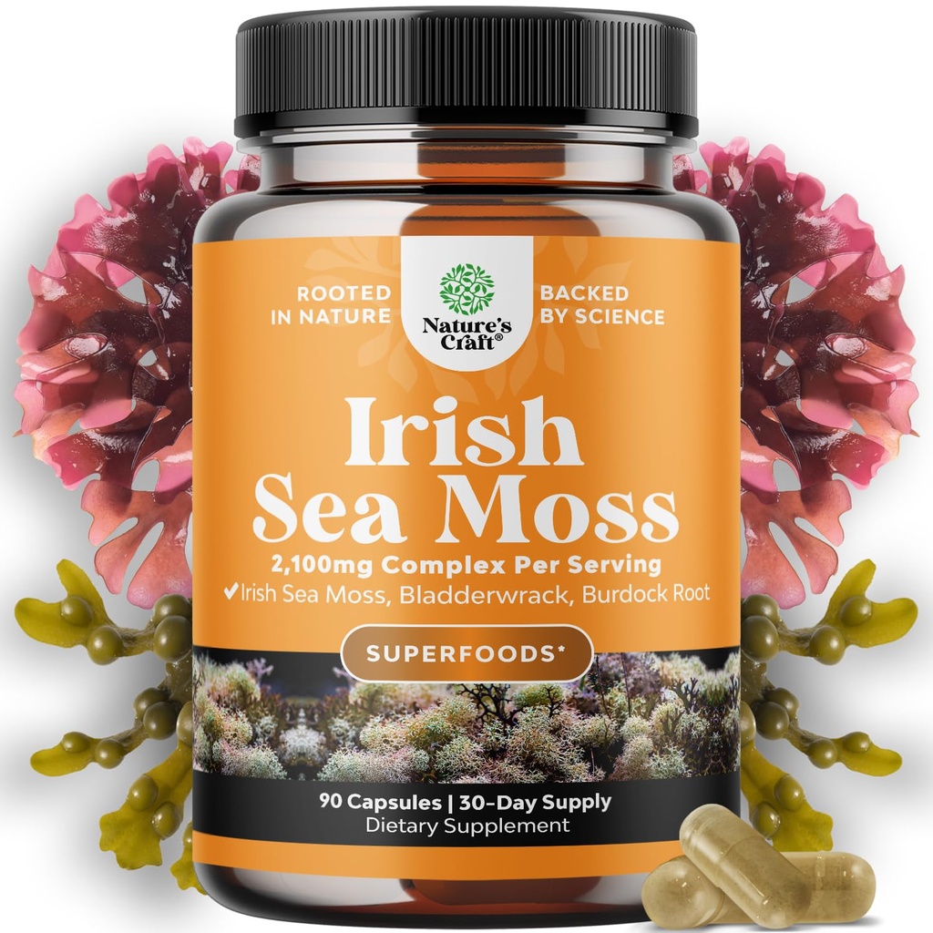 Capsules de mousse de mer d'Irlande biologique - Pilules de mousse de mer biologique avec 2100mg Complexe de service Superfood avec racine de bardière Bladderwrack et BioPerine pour la peau immunitaire et le soutien thyroïde - Vegan Non-OGM (1 mois)