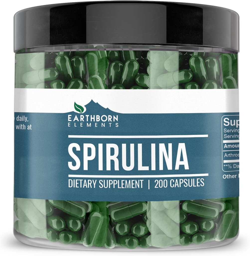Éléments terriens Spiruline 200 Capsules, pures et non diluées, sans additifs