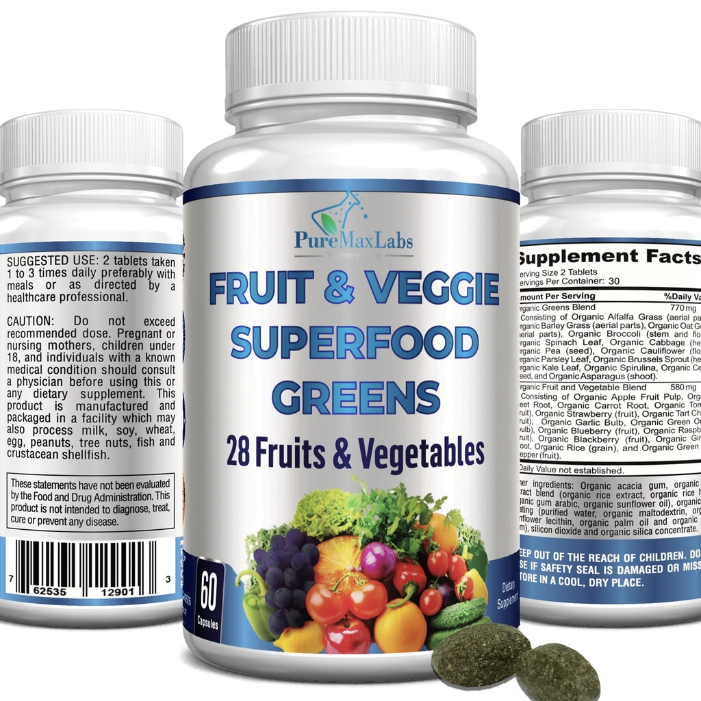 Fruits et légumes verts - 28 Fruits et légumes y compris Alfalfa, Orge, Spiruline, Racine de betterave, Tart Cherry, Antioxydants naturels concentrés - 60 comprimés
