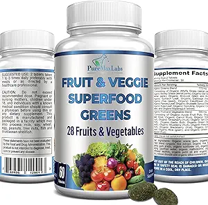 Fruits et légumes verts - 28 Fruits et légumes y compris Alfalfa, Orge, Spiruline, Racine de betterave, Tart Cherry, Antioxydants naturels concentrés - 60 comprimés