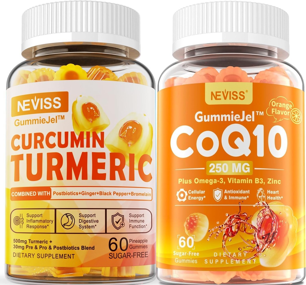Sans sucre Curcumine curcuma rempli de gommies 550mg & CoQ10-250mg Gummies remplies, Immune, santé digestive, énergie cellulaire et soutien antioxydant