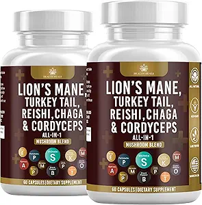 Mushroom Supplement with Lion's Mane Turkey Tail Reishi Cordyceps Chaga Marshmallow Root - 120 Count