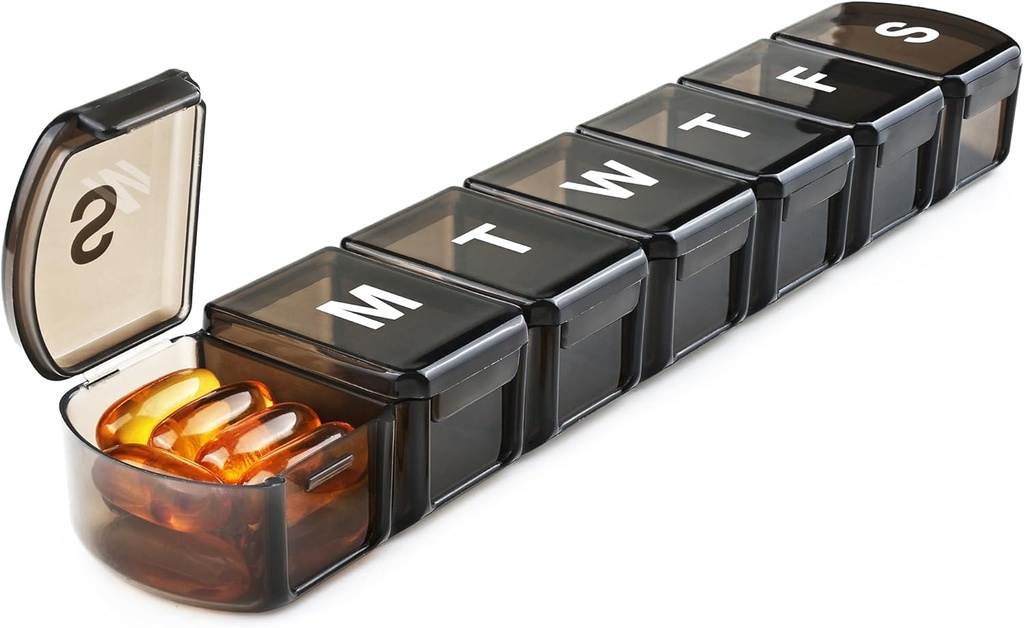 XL Weekly Pill Box Organizer 7 Day, 1 Week Jumbo Pill Dispenser Case One Time a Day, MOLN HYMY Daily Medicine Container to Hold Medication, Vitamins, Fish Oils and Supplement (Black