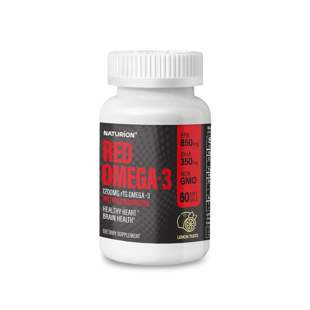 Red Omega-3 Fish Oil 1200mg rTG Omega 3 Supplement with Astaxanthin, Healthy Heart & Brain Health - 60 Softgels, 30 Day Supply