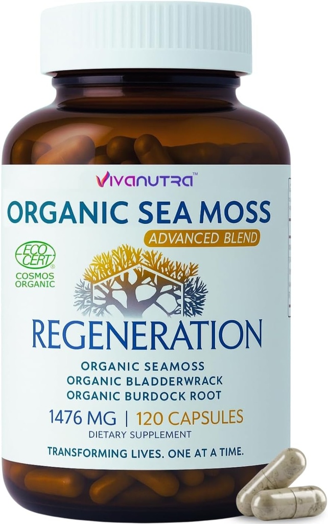 Sea Moss Capsules 1476mg – Organic Seamoss Pills Superfood with Irish Sea Moss, Bladderwrack & Burdock Root | 120 Vegan Capsules for Vitality, Energy & Skin Support – Made in USA