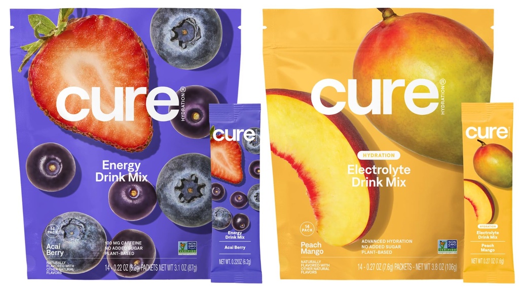 Cure Hydration | Plant-Based Electrolyte Drink Mix | Energy & Dehydration Bundle | No Sugar | Coconut Water |100mg Caffeine | Non-GMO | Vegan | 14-Pack Each: Acai Berry & Peach Mango
