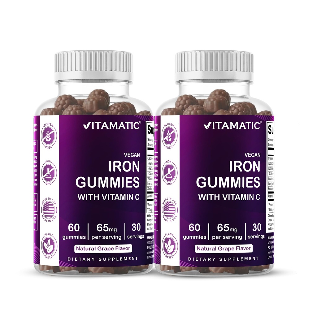 Supplément en fer vitamatique 65 mg pour les femmes et les hommes - 60 Gommies végétaliens - Grande dégustation de vitamines gommy de fer avec vitamine C (2)