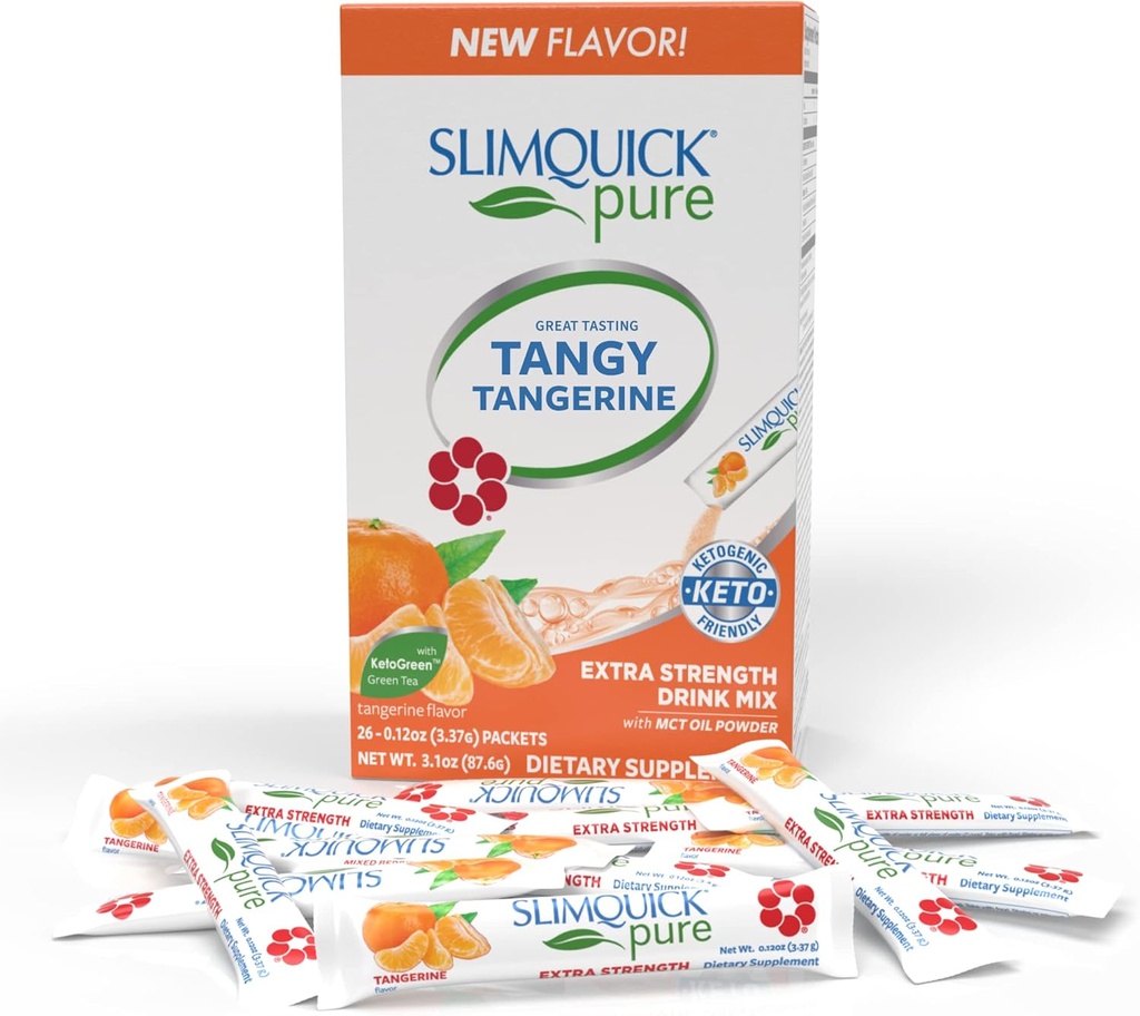 SlimQuick Extra Strength Weight Management Drink Mix pour femmes, Tangerine - Aide le métabolisme, se tient plein pour plus longtemps avec le thé vert, la caféine, l'arbre chaste, l'extrait de Rhodiola - 26 Compte