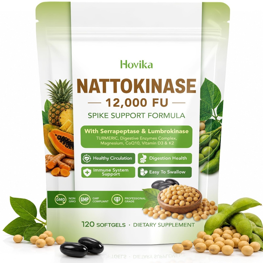 Nattokinase Supplement 12,000 FU with Serrapeptase & Lumbrokinase, Bromelain, CoQ10, D3 K2 Magnesium, Spike D3tex, Heart, Circulation & Digestive Support, 120 Softgels