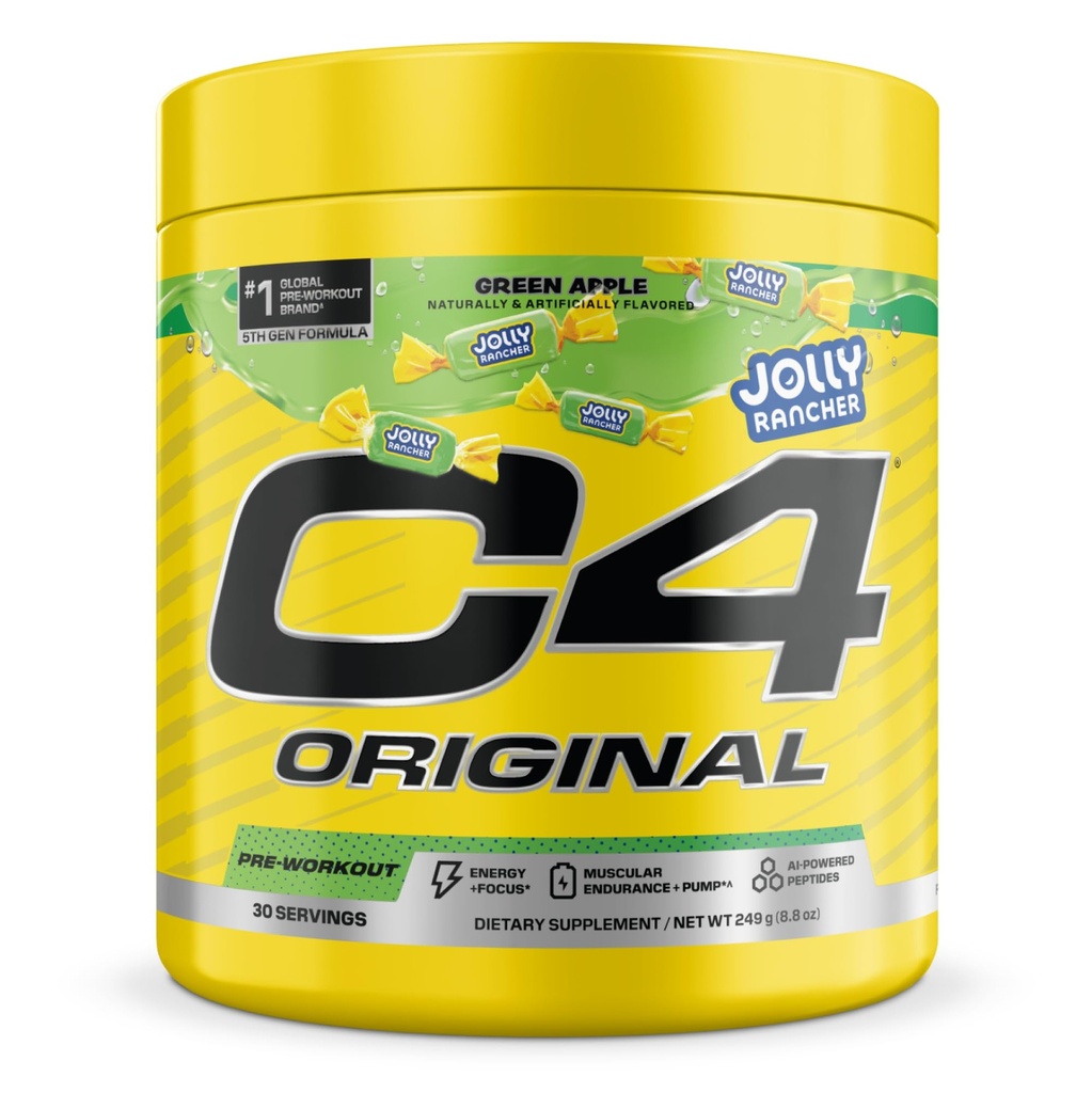 C4 Original Pre Workout Powder with 200mg Caffeine, 30 Servings | Jolly Rancher green apple flavor with 200mg caffeine, creatine nitrate, L-arginine & beta-alanine for energy and pumps.