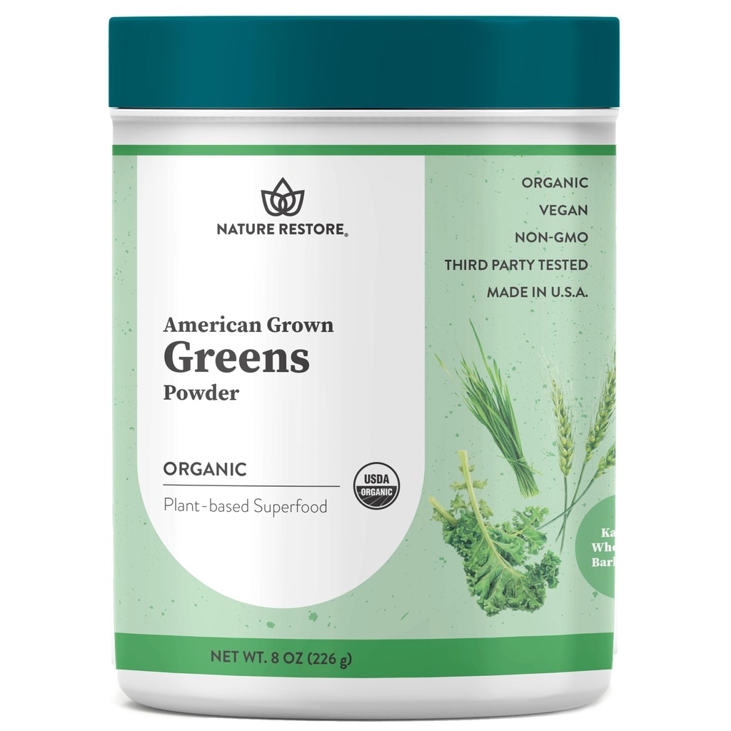 Nature Restore Greens Superfood Powder, USA Grown, Organic Kale, Barley Grass, Wheatgrass, Unsweetened, 8 Onces, Made in USA