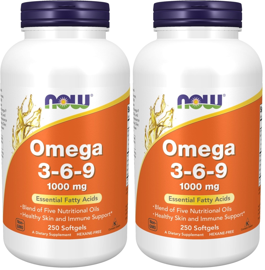 NOW Foods Supplements, Omega 3-6-9 1000 mg with a Blend of Flax Seed, Evening Primrose, Canola, Black Currant and Pumpkin Seed Oils, 250 Softgels, (Pack of 2)