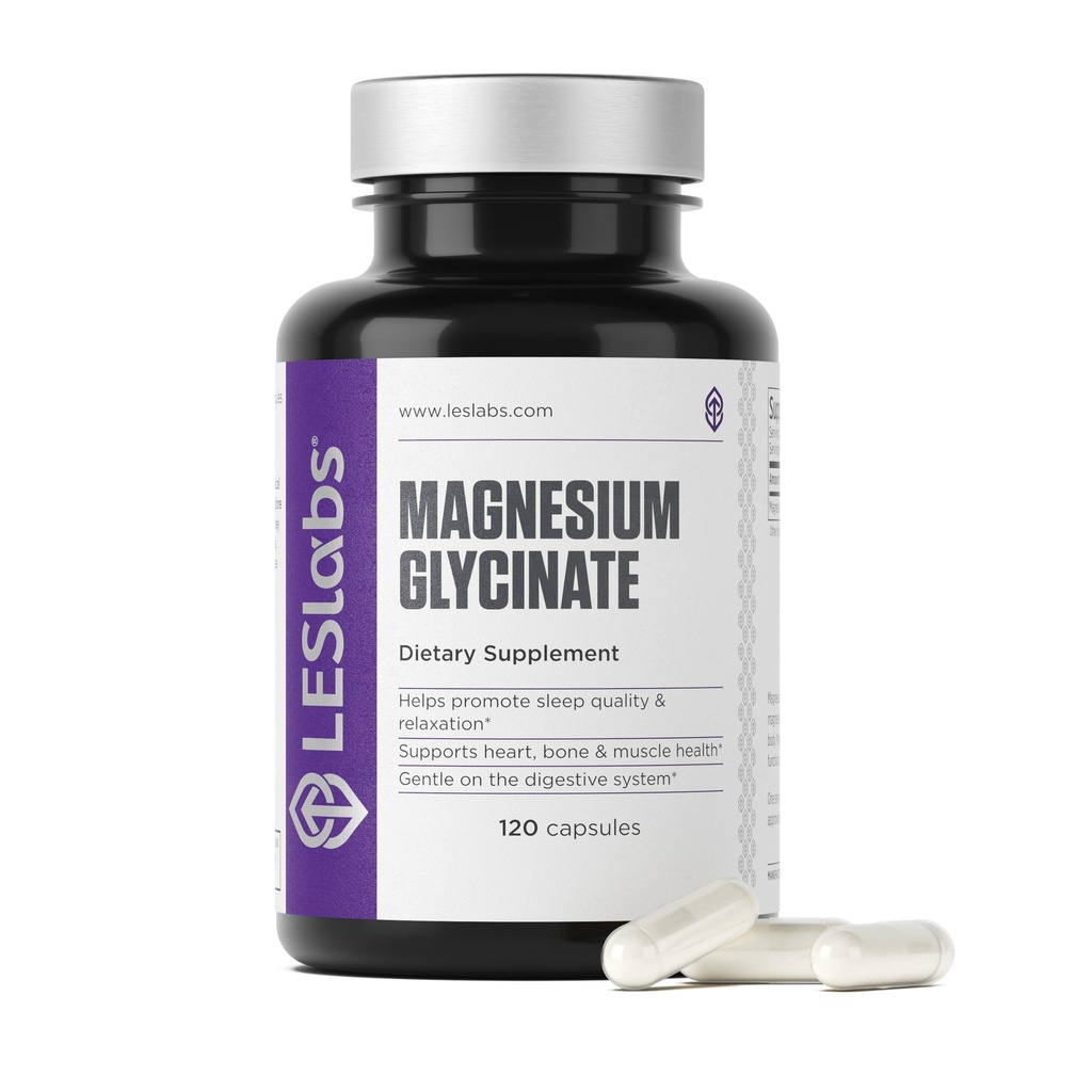 LES Labs Magnésium Glycinate – Soutient le sommeil reposant, la santé cardiaque, le soulagement du stress, le métabolisme, la fonction nerveuse et musculaire, doux sur le système digestif – Supplément non OGM – 120 capsules