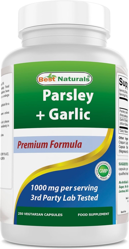 Meilleurs naturels persil et ail 1000 mg par portion 250 capsules végétariennes. Sans gluten et sans OGM.