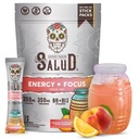 Salud 2-en-1 Poudre de boisson énergisante + Focus, Lémonade de pêche, Caféine biologique, B6 + B12, Théanine, Packs de boisson énergétique propre, Agua Fresca Mix, Non-OGM, Sans gluten, Vegan, 1g de sucre, (15 portions)