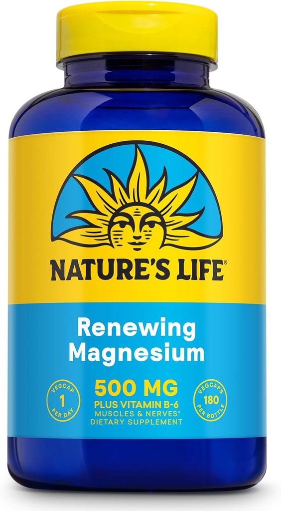 Natures Vie Renouvelant Magnésium 500 mg - Plus Vitamine B-6 - Muscles et nerfs Support - Verifié en laboratoire (180 portions, 180 VegCaps)