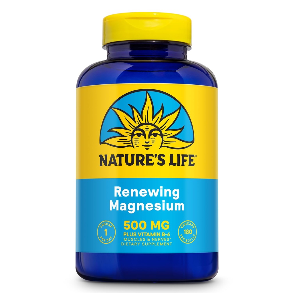 Natures Vie Renouvelant Magnésium 500 mg - Plus Vitamine B-6 - Muscles et nerfs Support - Verifié en laboratoire (180 portions, 180 VegCaps)