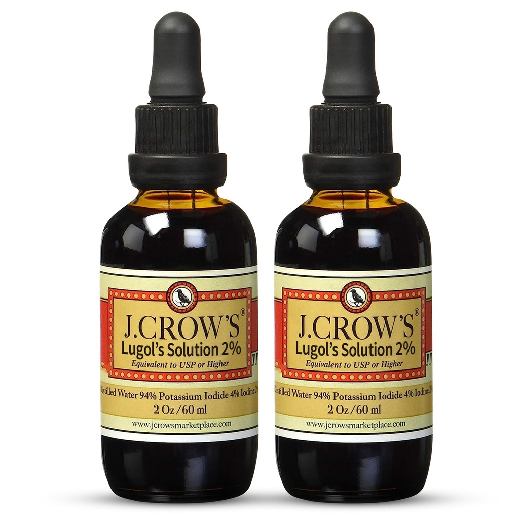 Solution d'iode de J.CROW'S® Lugol 2% 2 oz (2 bouteilles) – Iodine et iodure de potassium de qualité supérieure, extrait naturel de saumure liquide, sans gluten et sans alcool, sans expire