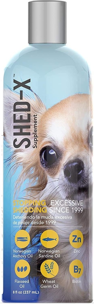 Supplément de chien liquide Shed-X, 8oz – 100% naturel – aide le chien Shedding, huile de poisson pour chiens soutient la peau et le manteau, huile de chien pour les aliments avec les acides gras essentiels, vitamines, et minéraux