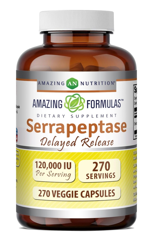 Amazing Formulas Serrapeptase 120,000 iu Supplement | Veggie Capsules | Non-GMO | Gluten Free | Made in USA (270 Count)