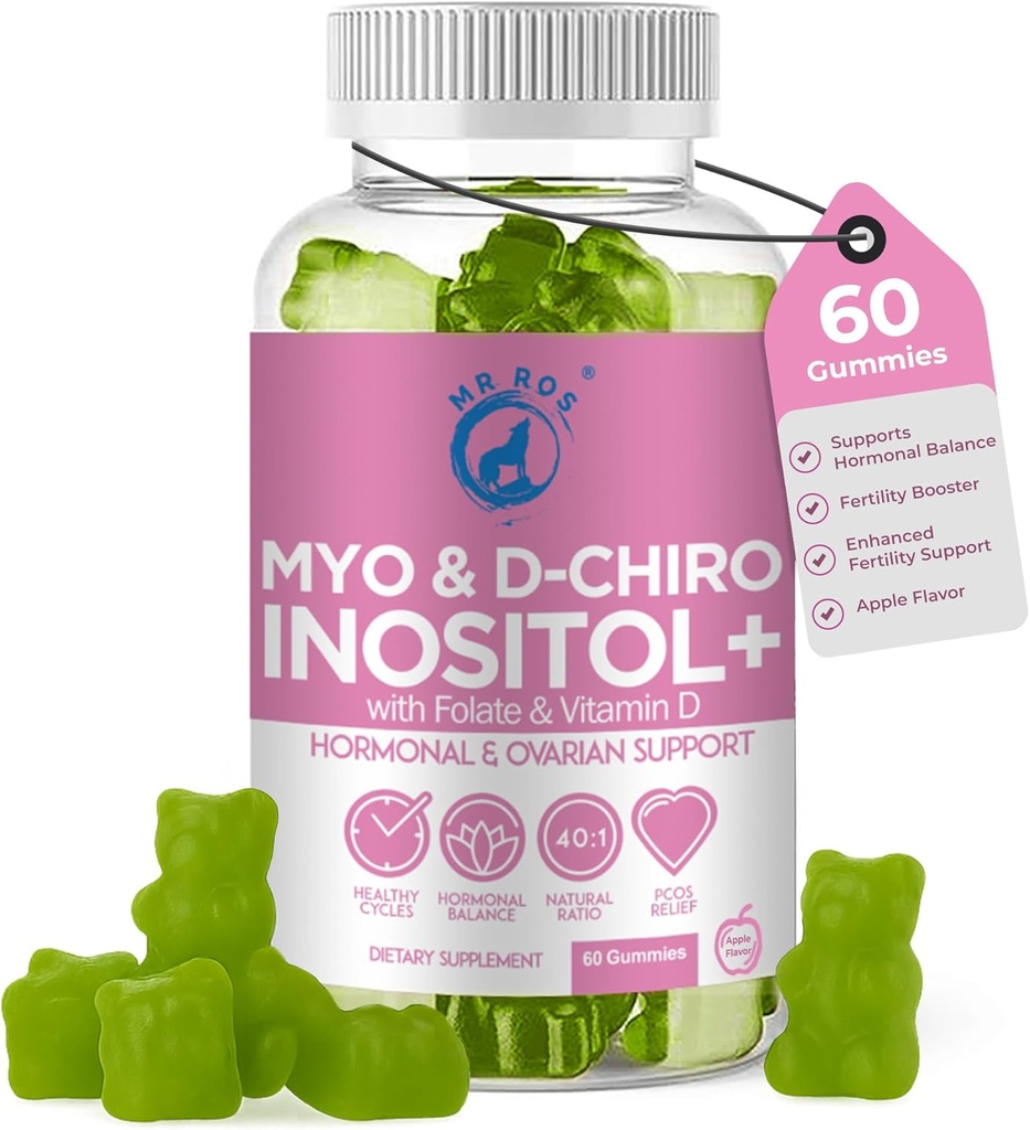 Inositol Gommies PCOS avec Folate & Vitamine D - Myo & D-Chiro Mélange Inositol, rapport 40:1, 60 Gommies d'arôme de pomme