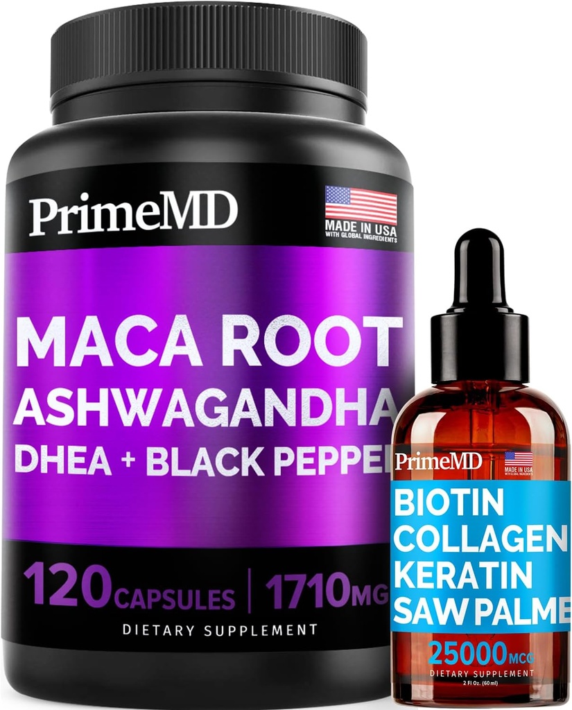 4-en-1 Liquid Biotin Collagen Kératin Saw Palmetto Drops (2 fl oz - 1 Pack) & 6-en-1 Maca Root Ashwagandha w Black Pepper Fruit (120ct) Bundle - Cheveux, peau, ongles, énergie et soutien de l'humeur