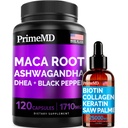 4-en-1 Liquid Biotin Collagen Kératin Saw Palmetto Drops (2 fl oz - 1 Pack) & 6-en-1 Maca Root Ashwagandha w Black Pepper Fruit (120ct) Bundle - Cheveux, peau, ongles, énergie et soutien de l'humeur