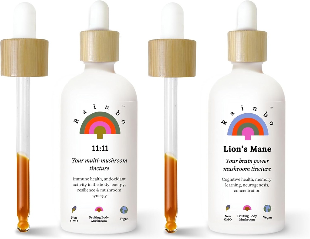 Eventail Rainbo Favorite Bundle, 11:11 Extrait de Champignon Multi + Teinture de Champignon Lion's Mane, Teinture quotidienne de Champignon double extrait pour un support immunitaire complet, Suppléments de Champignon liquide végétalien