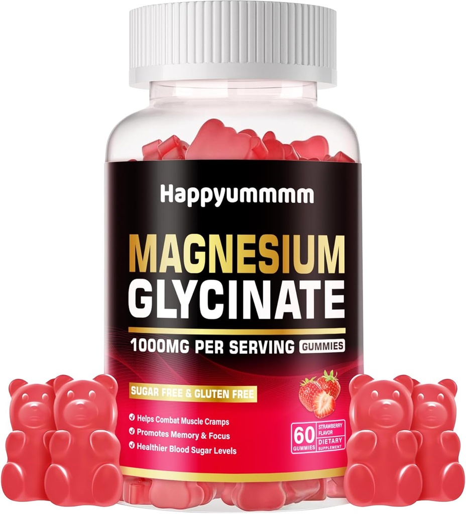 Glycinat de magnésium Gommies 1000mg - Supplément de potassium de magnésium sans sucre avec vitamine D, B6, CoQ10 pour l'humeur calme et le soutien du sommeil - 60 Gommies de fraise.