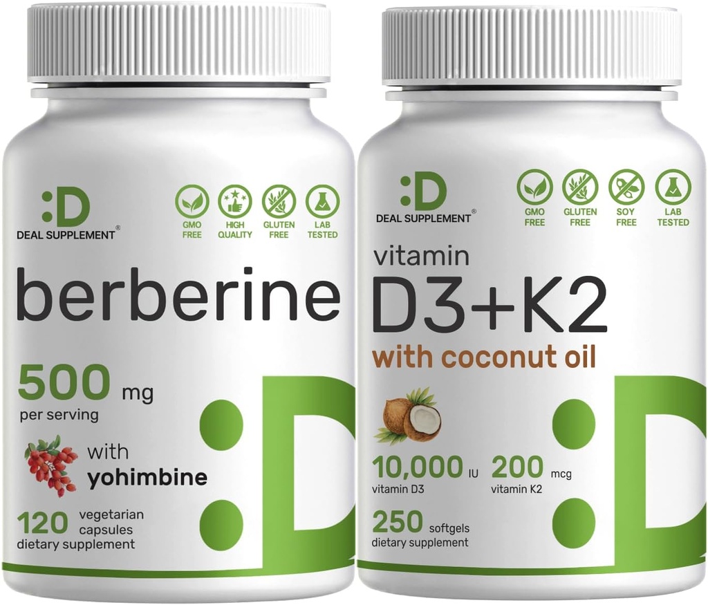 SUPPLÉMENT DE DÉAL Vitamine D3 10 000iu + K2 200mcg Softgels et supplément berbère avec un ensemble de Yohimbine – Vitamines solaires essentielles avec huile de coco – Formes de chlorhydrate de haute absorption
