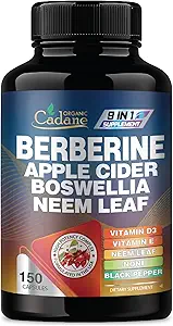 Supplément biologique à la berbérine de Cadane 150 capsules, avec vinaigre de cidre de pomme, vinaigre de cidre de Neem, VIT D3, E & More - Extrait de berbérine - Support pour système immunitaire, digestion et santé globale