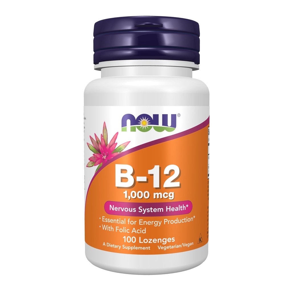 MAINTENANT suppléments, vitamine B-12 1 000 mcg avec acide folique, santé du système nerveux*, 100 lozenges à croquer