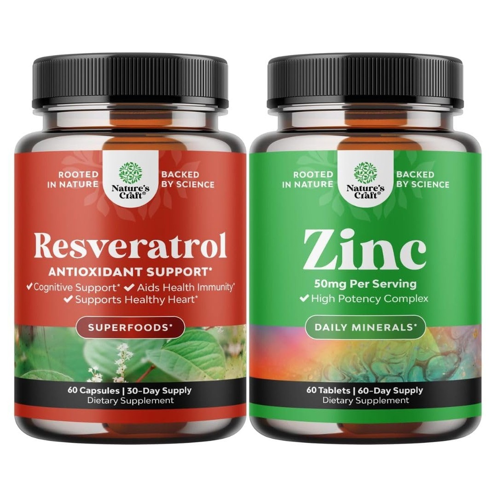 Ensemble de Youthful Trans Resveratrol - Capsules Resveratrol avec activateur AMPK pour la santé cellulaire et la vitalité et supplément de soutien immunitaire de 50mg - Complexe Zinc pour améliorer la peau et les ongles capillaires