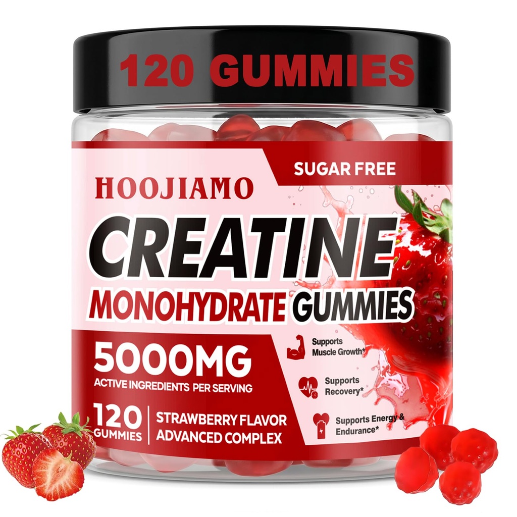 Creatine Monohydrate Gummies 5000mg Sugar Free 120 Strawberry | Pre-Workout for Men & Women, Supports Strength, Muscle Recovery & Energy, with BCAA, L-Carnitine, Taurine & B12