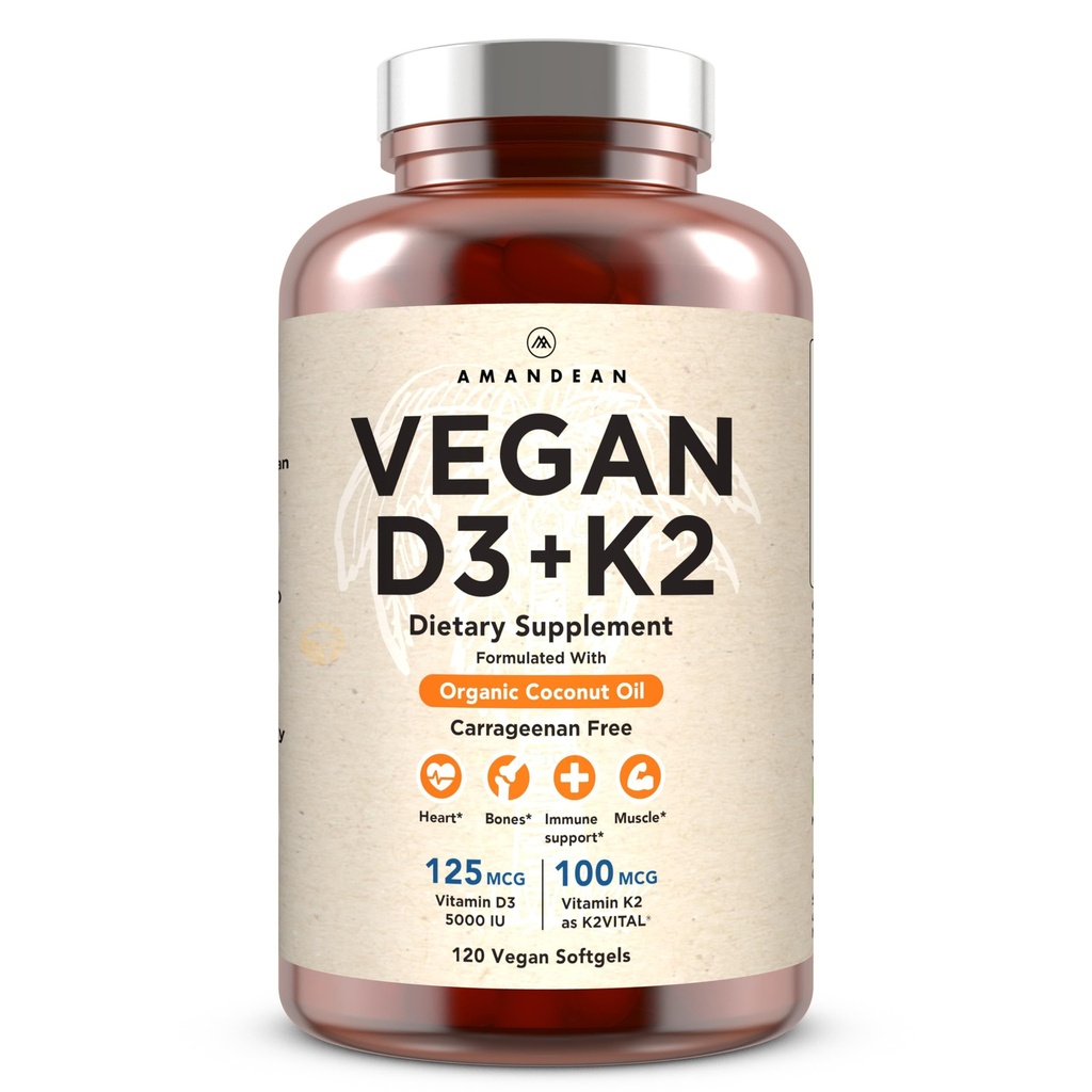 AMANDEAN Vitamine végétalienne D3 K2. 5000 iu de l'algue. MK-7. 120 Softgels. Mélange d'huile de coco biologique pour l'humeur, les os, le coeur, la santé immunitaire (paquetage mai Vary)
