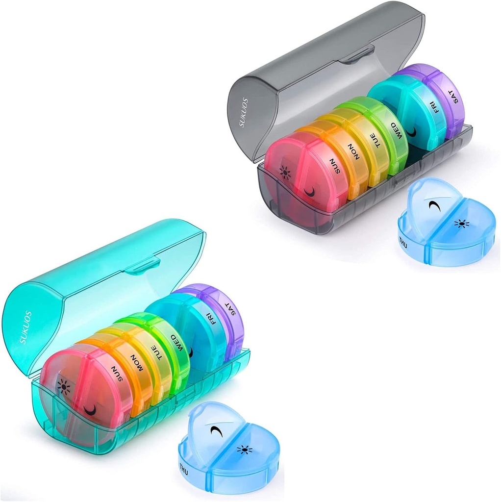 2 Pack Weekly Pill Organizer 7 jours 2 fois par jour, Sukuos grandes boîtes de pilules quotidiennes pour pilules/vitamine/huile de poisson/compléments, BPA sans pilules, facile à nettoyer