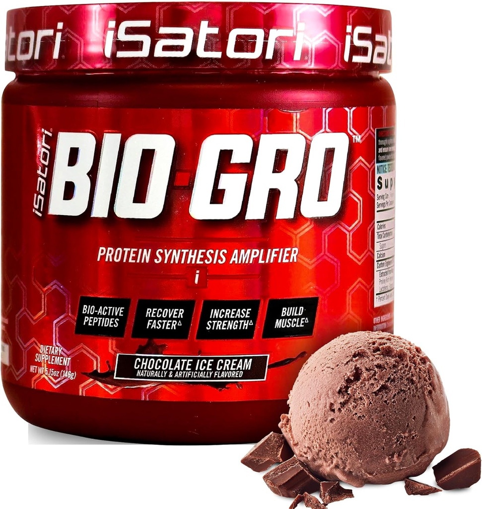 Amplificateur de synthèse de protéines BIO-GRO iSatori, pour la récupération et la croissance musculaires, supplément de pré-entraînement et colostrum sans stimulant amélioré avec des peptides bio-actifs- Crème glacée au chocolat (60 portions)