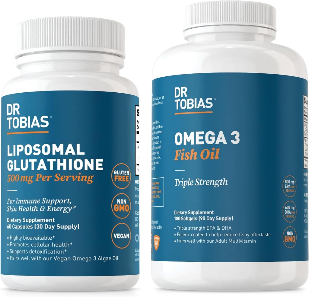 Dr Tobias Omega 3 Huile de poisson et Glutathion liposomique - soutient la fonction immunitaire, la santé de la peau et l'absorption des nutriments - Non-OGM