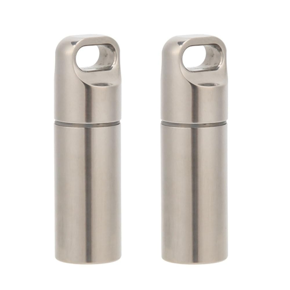 2 Pcs Waterproof Stainless Steel Pills Case Keychain, Portable Mini Pills Box with Silicone Loops for Home Daily, Travel EDC(S)