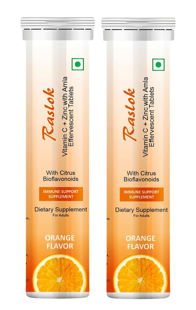Raslok Vitamin C & Zinc Effervescent Tablets with Amla 1000mg, Immune Support, Citrus Bioflavonoids, Antioxidant, Orange Flavor, 40 Tablets