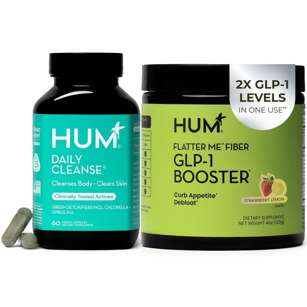 HUM Flatter Me GLP-1 Fiber Daily Cleanse Detox Bundle – Appetite Control, Bloating Relief, Clear Skin, Gut Health & Natural Detox with Zinc, Spirulina & Herbs for Women & Men