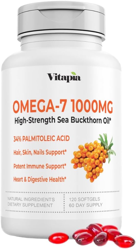 Vitapia Omega 7 Sea Buckthorn Berry Oil 1000mg pour les cheveux, la peau, les ongles, la santé cardiaque Support - 34% Palmitoleic Acid & Natural Omega 3 6 9 Supplément acides gras - 120 Capsules, Non-OGM, Sans gluten