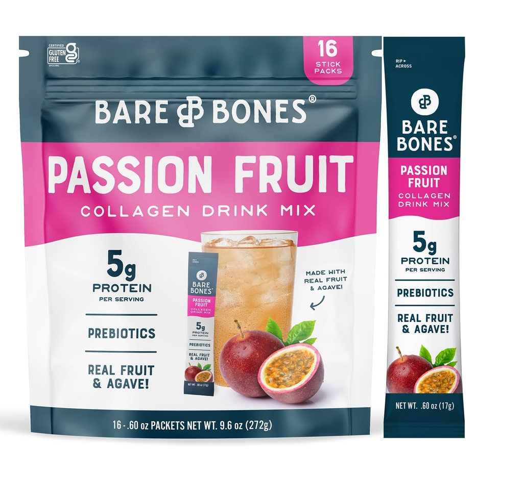 Bare Bones Passion Fruit Collagen Peptides Powder Drink Mix, 16 Packets | 5g Collagen Protein | Prebiotic Collagen Drink Mix for Water | Naturally Sweetened, Light & Flavorful | Gluten & Dairy Free