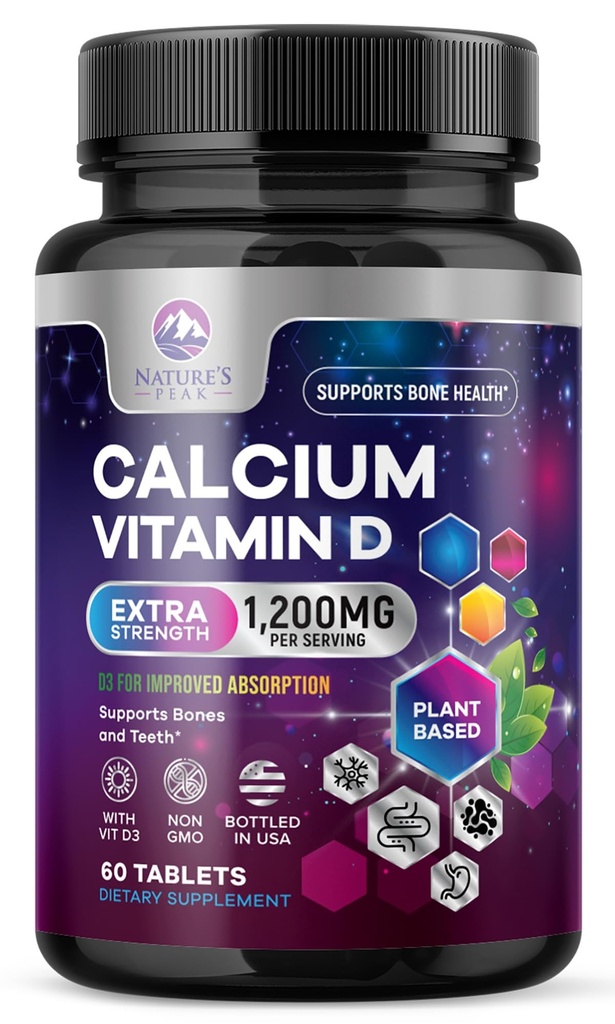 Calcium 1200 mg avec vitamine D3, supplément de calcium Vitamines, os, dents et crème de santé, suppléments de calcium avec D pour les femmes et les hommes, carbonate de calcium absorbant de la nature - 60 comprimés