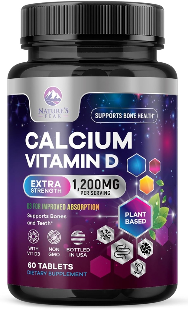 Calcium 1200 mg with Vitamin D3, Calcium Supplement Vitamins, Bone, Teeth & Immune Health Support, Calcium Supplements with D for Women & Men, Nature's Absorbable Calcium Carbonate - 60 Tablets